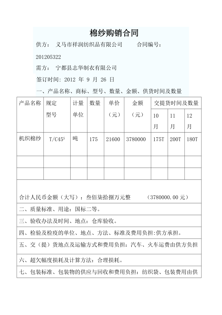 棉紗購銷合同